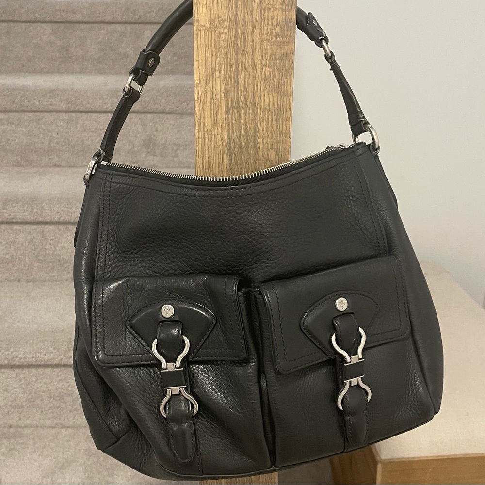 COLE HAAN Front Dual Pockets Black Leather Shoulder Hobo Bag